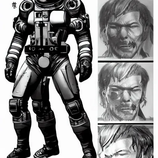 Image similar to character sheet of Astronaut from Kojima Productions by Yoji Shinkawa with Artgem and Glenn Fabry, trending on Artstation concept arts