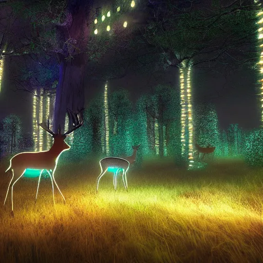 Prompt: deer in an ethereal forest made from glowing circuits and electronics, highly detailed concept art, 3 d, volumetric lighting