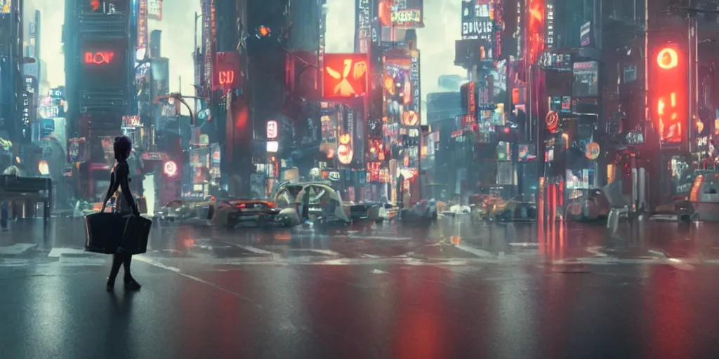 Image similar to a film still from Love, Death and Robots, wide angle lens, sharp, dramatic lighting, futuristic city street level, rain