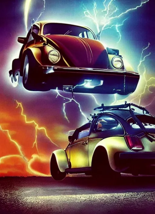 Image similar to back to the future with a volkswagen beetle, movie poster, epic lighting, eighties, sci - fi, artistic