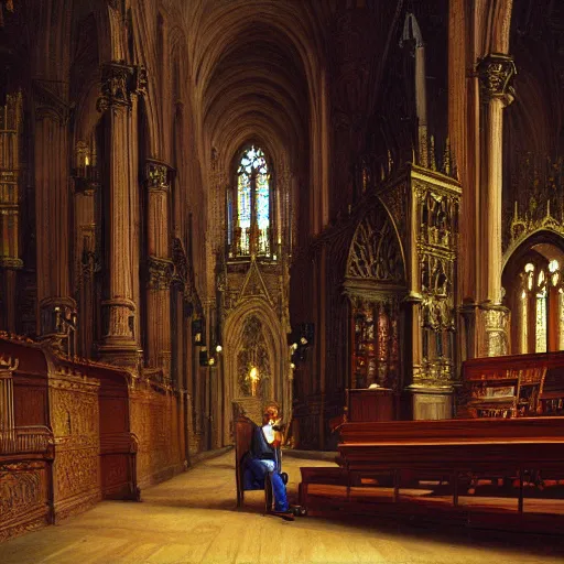 Image similar to highly detailed painting of a man sitting infront of a pipe organ inside of a cathedral, 4 k resolution, by jaquis luis david, visible paint layers, renaissance.