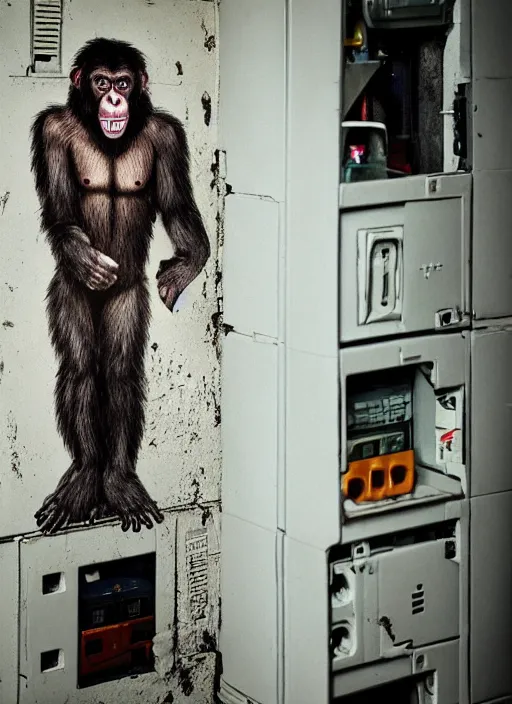 Image similar to scary half human half ape inside fuse box in post communist apartment building