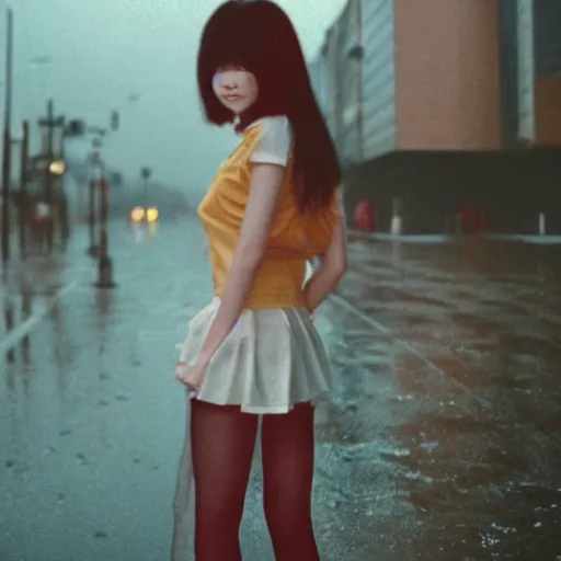 Image similar to 1990s perfect 8K HD professional cinematic photo of close-up japanese schoolgirl posing in postapocalyptic cityscape, at evening during rain, at instagram, Behance, Adobe Lightroom, with instagram filters, depth of field, taken with polaroid kodak portra