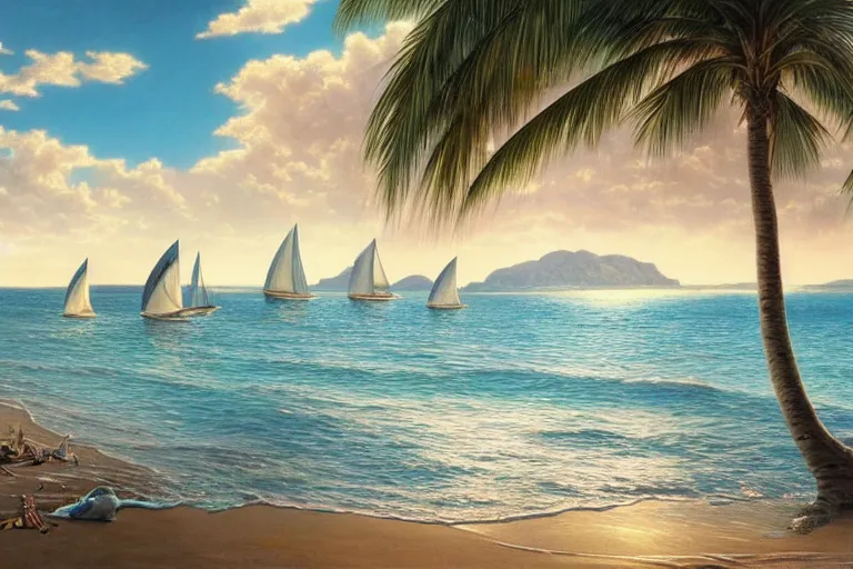 Image similar to ultra realistic illustration,, a beach in tanzania with sailboats in the distance, tropical blue water intricate from baldurs gate, elegant, highly detailed, digital painting, artstation, concept art, smooth, sharp focus, illustration, art by artgerm and greg rutkowski and alphonse mucha