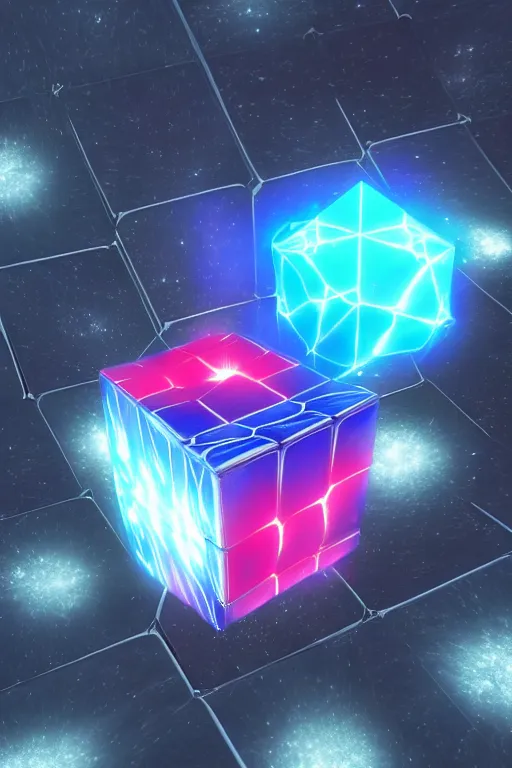 Prompt: four dimensional cosmic rubik's cube hypercube tesseract with wormholes, energy and galaxies around it. epic, dramatic, cinematic, digital art, octane render, blender, 8 k, hyperrealistic, trending on artstation