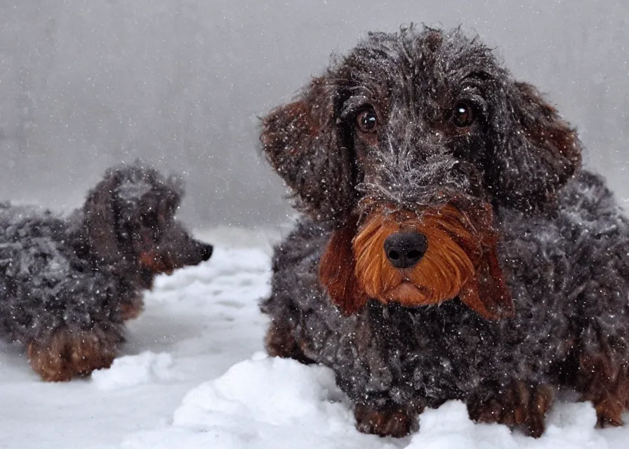 Image similar to Giant woolly dachshund, in the middle of a snow storm