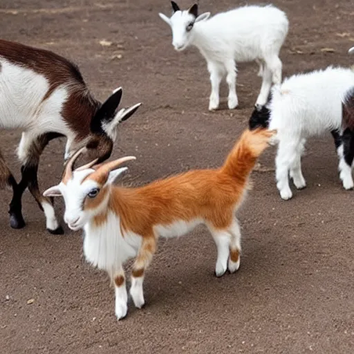 Prompt: a pack of tiny goats playing with a kitten, goat, cat, play, cute, adorable