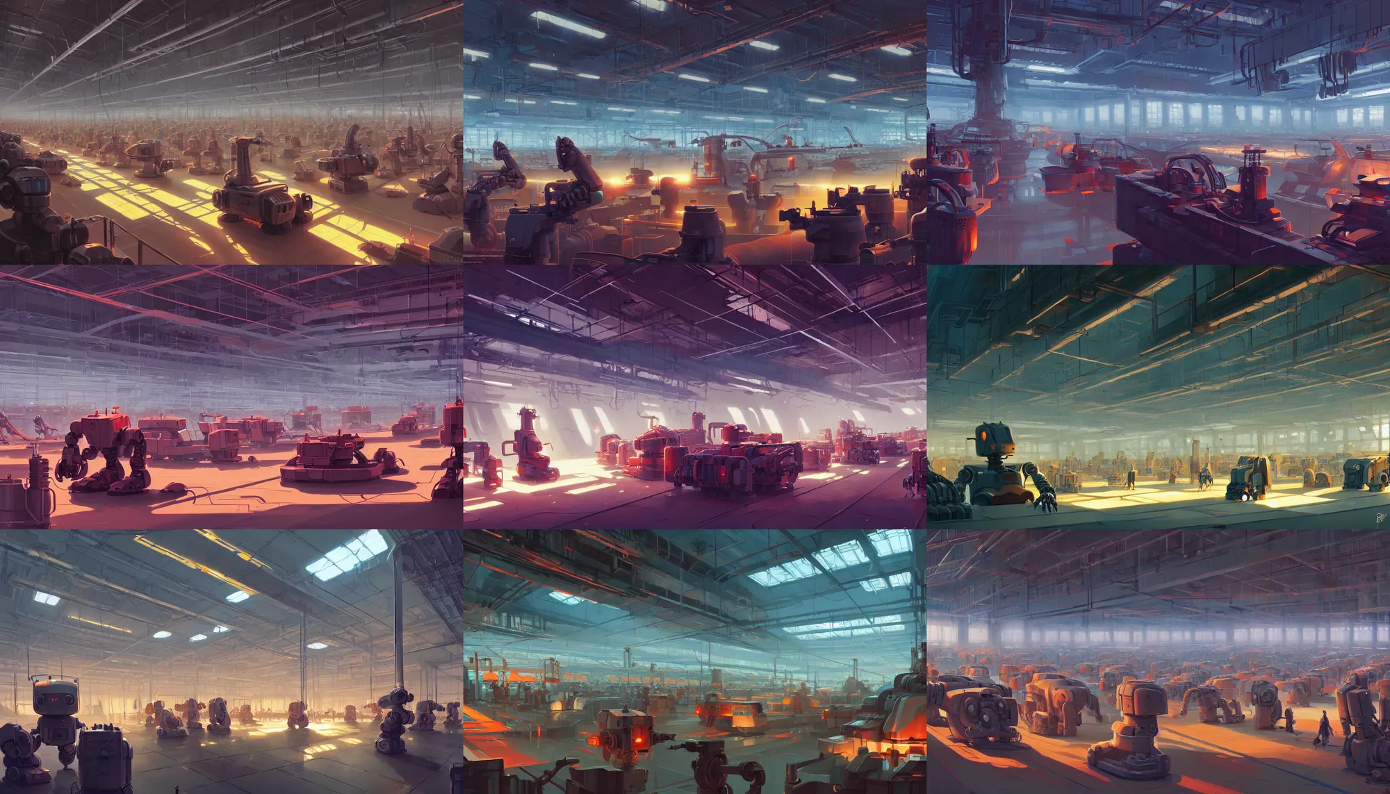 Prompt: interior of a huge robot factory, behance hd by jesper ejsing, by rhads, makoto shinkai and lois van baarle, ilya kuvshinov, rossdraws global illumination