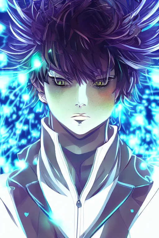 Image similar to cyan glowing luminescent dandelion male anime character, symmetrical, highly detailed, digital art, sharp focus, trending on art station, purple eyes, beautiful colours