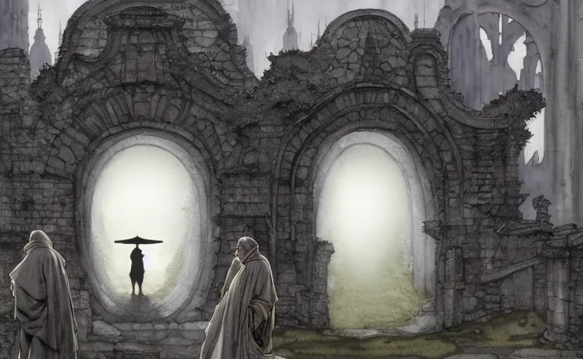 Prompt: a hyperrealist watercolour concept art of a dimensional time portal in the shape of a ruined arch. a medieval monk in grey robes is in the foreground. a japanese temple is in the background. very muted colors, post grunge, by rebecca guay, michael kaluta, charles vess and jean moebius giraud. high detail, hq, wide shot, 4 k