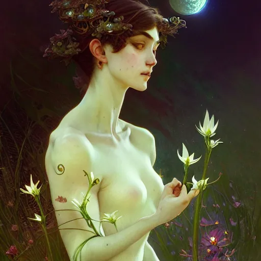 Image similar to A portrait of a fairy blessing moon lillies, fantasy, intricate, elegant, highly detailed, digital painting, artstation, concept art, smooth, sharp focus, illustration, art by Krenz Cushart and Artem Demura and Alphonse Mucha