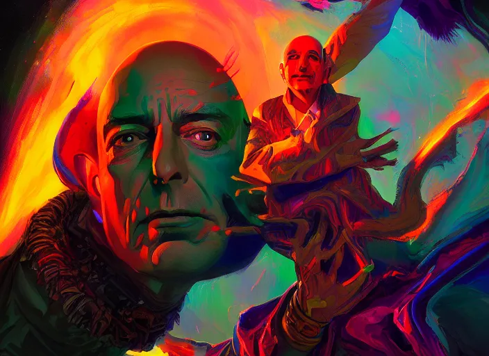 Prompt: A psychedelic portrait of evil demonic jeff bezos holding lighter below 🌎, vibrant color scheme, highly detailed, in the style of romanticism, cinematic, artstation, Moebius, Greg rutkowski