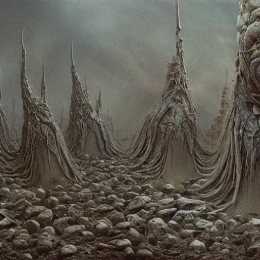 Prompt: a live action movie adaptation of giger's painting of an alien civilization, round organic structures, environment inspired by beksinski