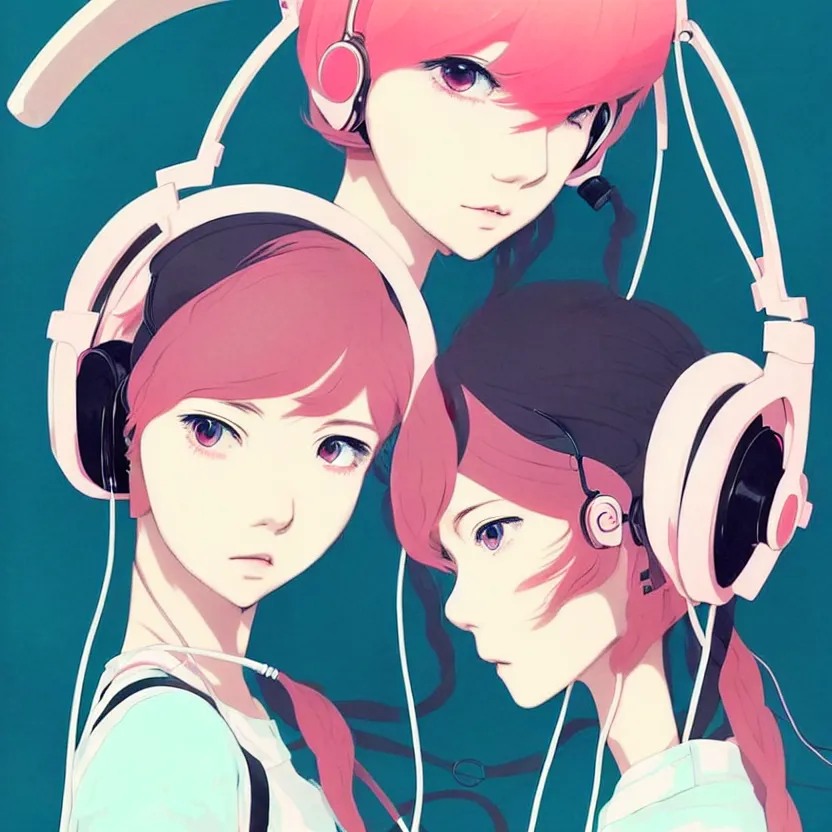 Prompt: girl with headphones, very anime!!! anime!! intricate details, aesthetically pleasing pastel colors, poster background, art by conrad roset and ilya kuvshinov