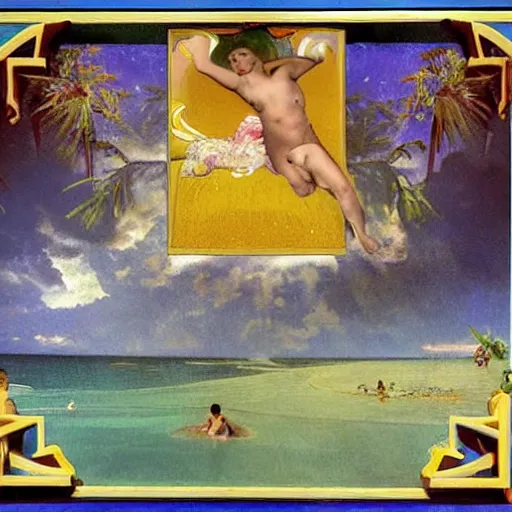 Image similar to The McDonald's Big Mac, extra toppics, mustard, pickles, ketchup, refracted sparkles, thunderstorm, greek pool, beach and Tropical vegetation on the background major arcana sky, by paul delaroche, alphonse mucha and arnold böcklin, hyperrealistic symmetrical 8k, award-winning, very very very detailed