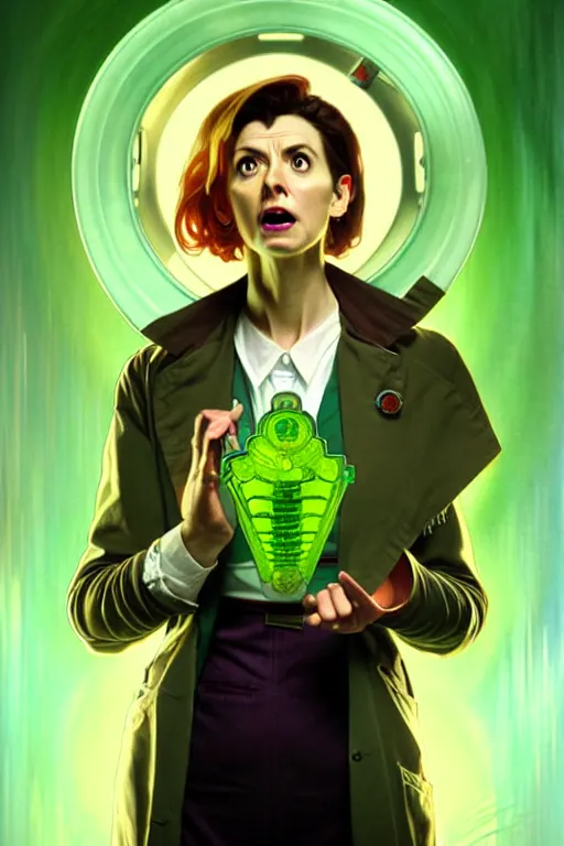 Image similar to doctor who, woman, as a mad dentist, on a plain green background, art by artgerm and greg rutkowski and alphonse mucha