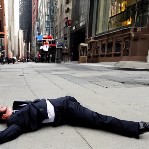 Image similar to A smiling chubby white clean-shaven man dressed in a chocolate brown suit and necktie is laying on the ground in New York city.