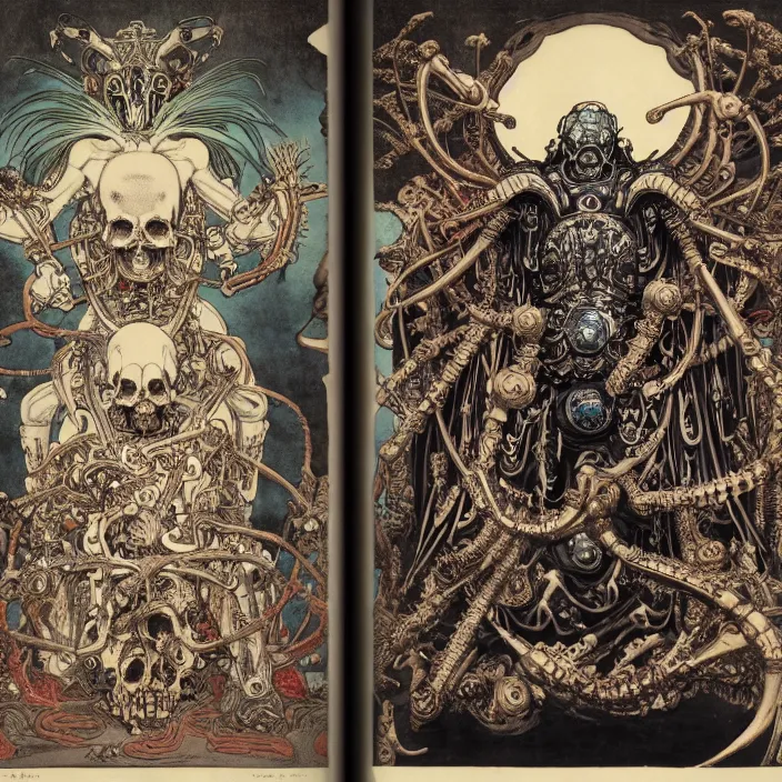 Image similar to still frame from Prometheus by Utagawa Kuniyoshi, lich king Dr doom in ornate bio cybernetic bone armour and skull mask in hells organic bioship by Wayne Barlowe by peter Mohrbacher by Giger, dressed by Alexander McQueen and by Neri Oxman, metal couture hate couture editorial