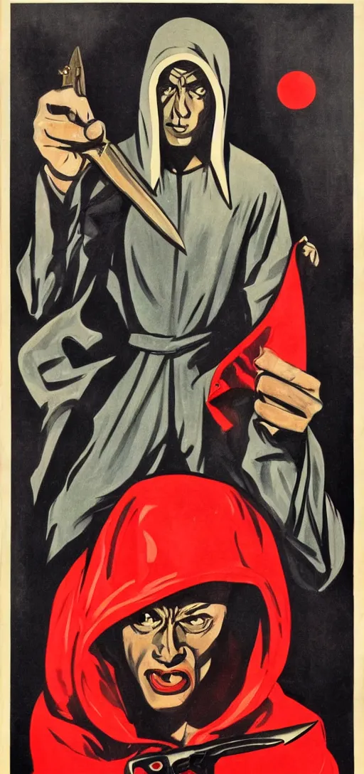 Image similar to man in hood and red eyes with a knife, 1940s propaganda poster, full hd,highly detailed