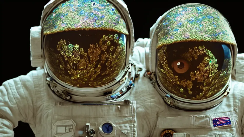 Image similar to a single astronaut eva suit made of diamond 3d fractal lace iridescent bubble 3d skin and covered with insectoid compound eye camera lenses floats through the living room, film still from the movie directed by Denis Villeneuve with art direction by Salvador Dalí, wide lens,