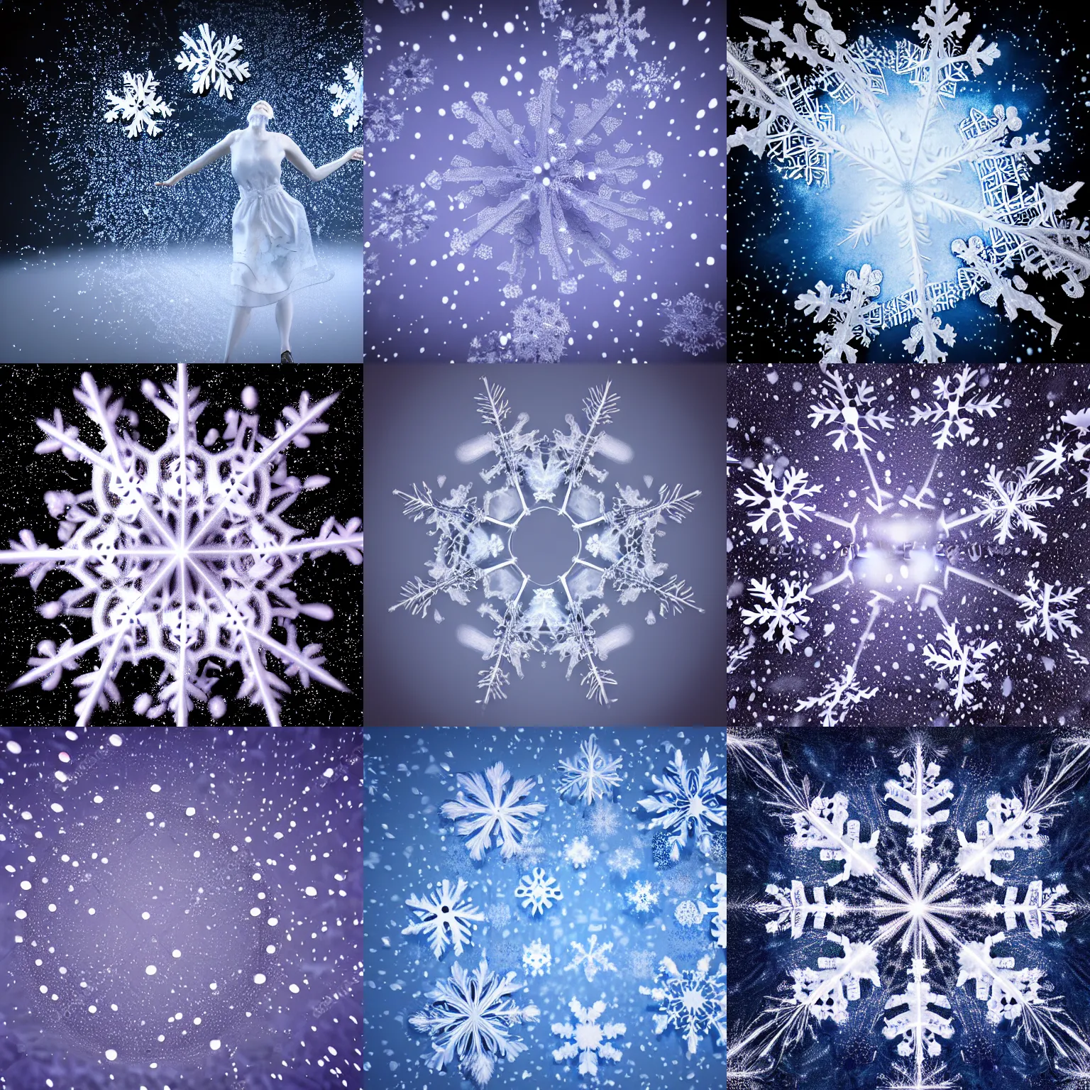 Prompt: surreal photography falling silk snowflakes with tiny faces in the middle of the snowflakes. volumetric render