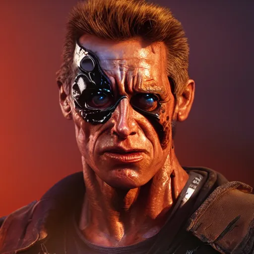 Prompt: a hyper real comic book style portait painting of the terminator in the stone age with dinosaurs, unreal 5, hyperrealistic, octane render, cosplay, rpg portrait, dynamic lighting