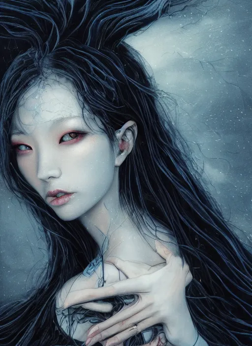 Prompt: breathtaking detailed art portrait painting of evil fantasy sorceress vampire, dark castle setting, with anxious, piercing eyes, amalgamation of spells, by Hsiao-Ron Cheng, James jean, Miho Hirano, Hayao Miyazaki, extremely moody lighting, Black paper, cut paper texture, Full of light-blue and silver and white layers, 8K, intricate detail, cgsociety, hyperrealistic, octane render, RPG portrait, ambient light, dynamic lighting