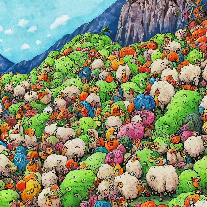 Image similar to a herd of sheep hopping over mountains of gigantic fruit, naivistic art, childrens drawing, story book illustration, expressive, colorful, schizophrenic, paranoid