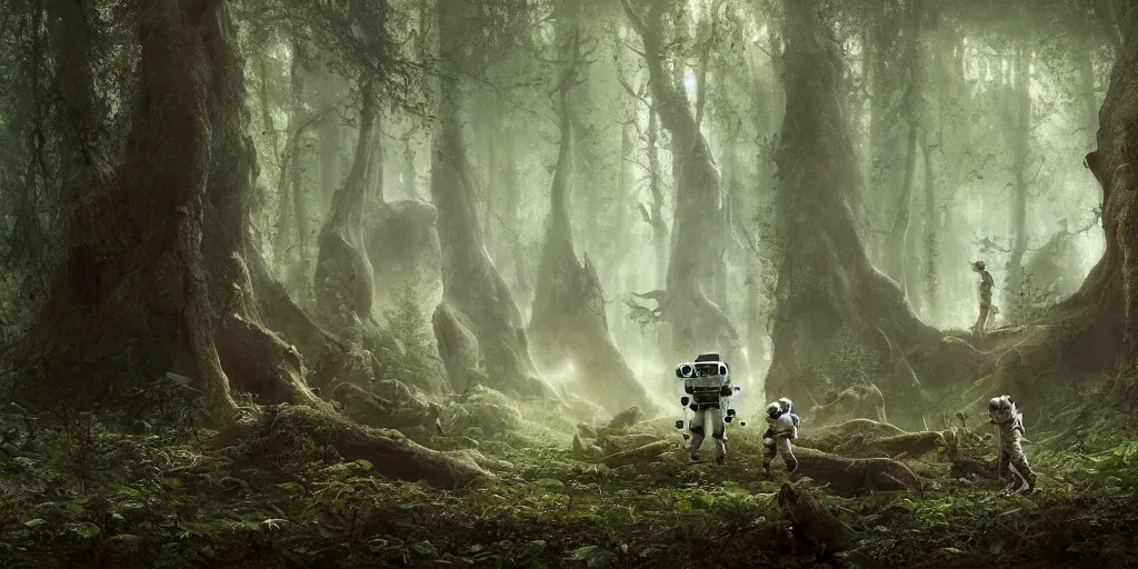 Prompt: an astronaut comes across a strange creature in a forest, a detailed matte painting by frieke janssens, featured on cgsociety, fantasy art, matte painting, reimagined by industrial light and magic, matte drawing