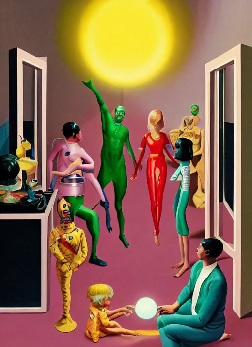 Image similar to painting of a gucci costumed family being shown how to open magic portals by a large glowing alien in their suburban living room maze, designed by gucci and wes anderson, energetic glowing orbs in the air, cinematic look, in the style of edward hopper, james jean, petra collins and mc. escher