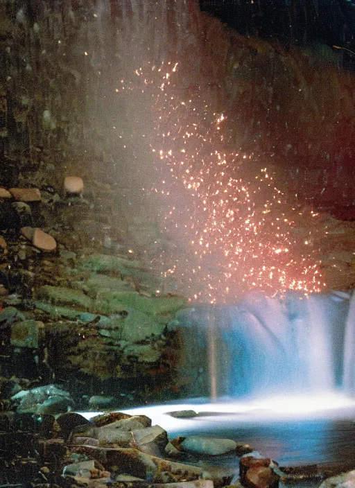 Image similar to a 2 8 mm macro kodachrome photo of a waterfall made of glowing glitter stardust and sparks, flowing into the river in the valley in yosemite national park in the 1 9 5 0's, seen from a distance, bokeh, canon 5 0 mm, cinematic lighting, film, photography, moonlight, long exposure, depth of field, award - winning