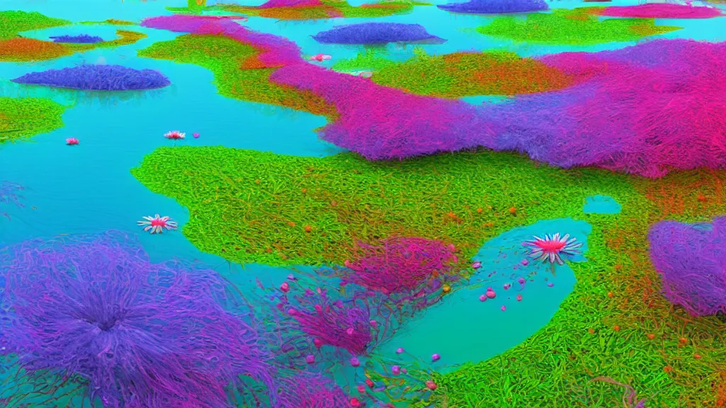 Prompt: digital illustration of a lake full of multi - colored megaflora morning glory flowers by dr. seuss, reimagined by ilm and beeple : 1 | spectral color, electric color, rolling hills : 0. 9 | fantasy : 0. 9 | unreal engine, deviantart, artstation, hd, 8 k resolution : 0. 8