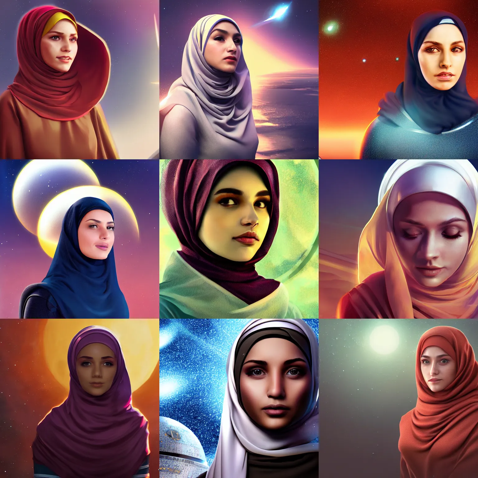 Prompt: A young woman wearing a hijab as a starship captain, digital sci-fi art, high quality, 4k, award winning, trending on ArtStation