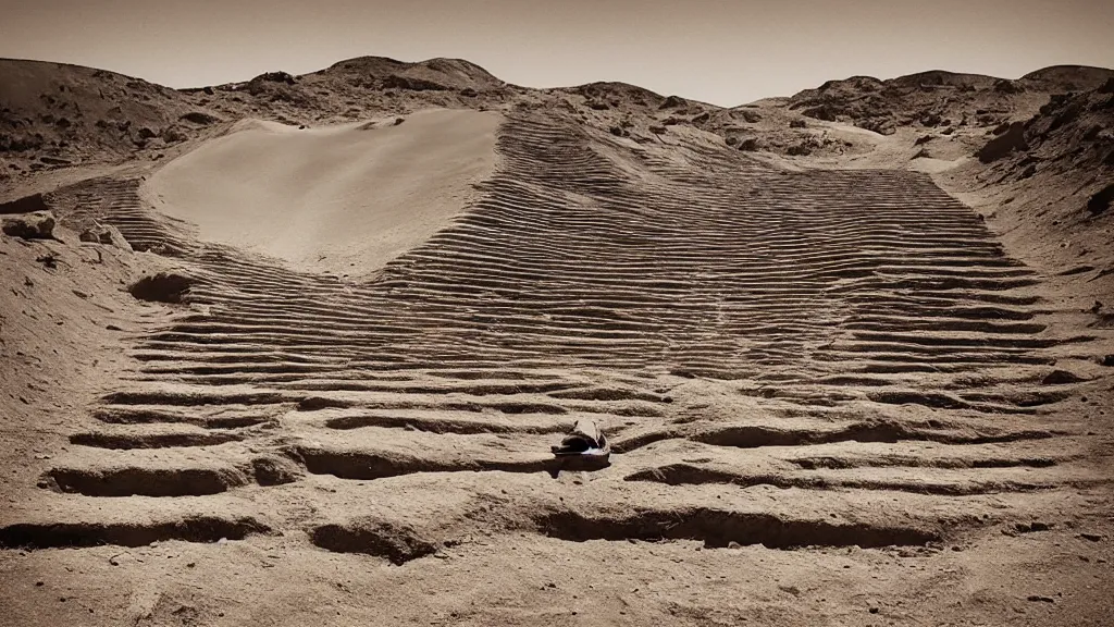 Prompt: stairs going nowhere in the middle of a desert, surrealism photography by Sarolta Bán