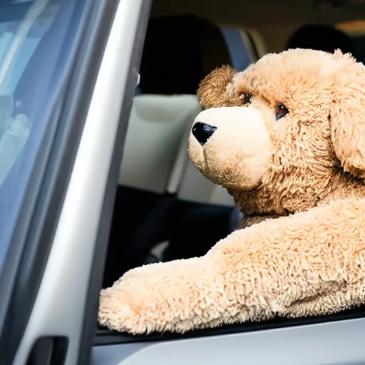 Prompt: A photo of a goldendoodle sleeping on the backseat of a car with a teddy bear next to it