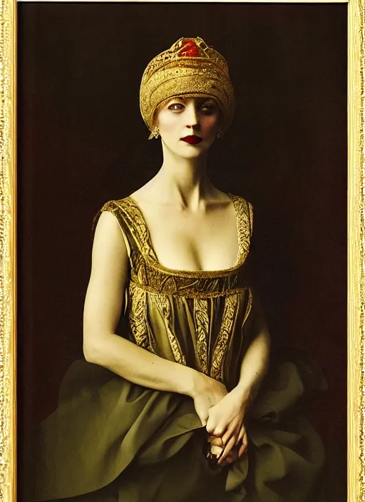 Image similar to portrait of young woman in renaissance dress and renaissance headdress, art by sarah moon
