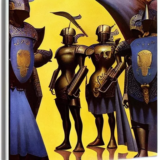 Image similar to a painting of shining metal medieval armors soldiers by bruce pennington nicholas roerich, by frank frazetta, by amazon, by georgia o keeffe, reflective metallic