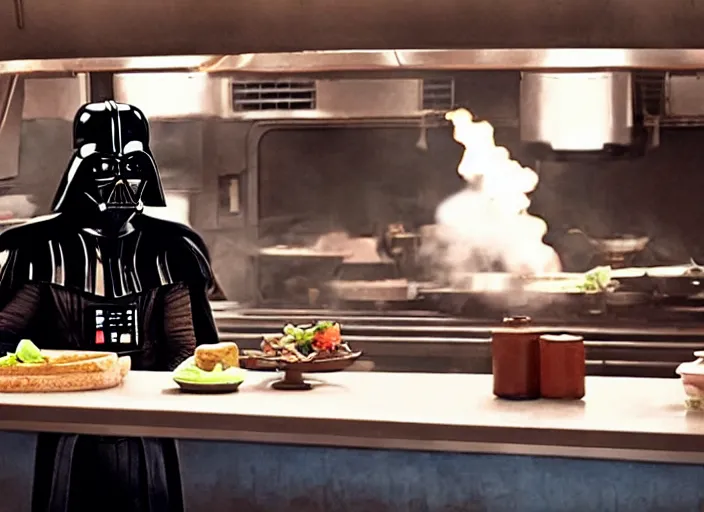 Image similar to film still of Darth Vader working as a short order cook in a diner in the new Star Wars movie, 4k