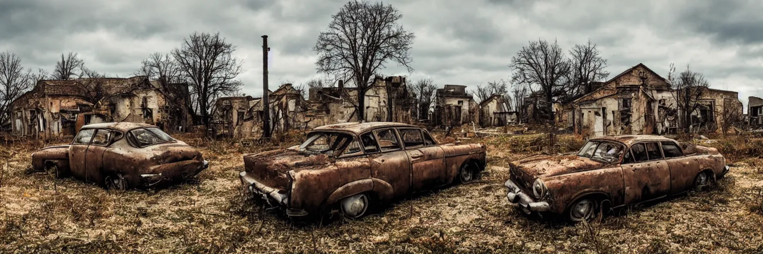 Image similar to low wide angle shot of dilapidated fallout 5 europa, retro futuristic overgrown euro rural town, desolate, dilapidated houses, few rusted retro futuristic vintage parked vehicles like cars, one shiny vintage motor, volumetric lighting, photorealistic, daytime, autumn, cold sunny weather, sharp focus, ultra detailed, 4 2 0 0 k