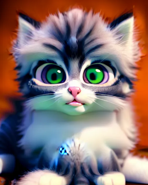 Prompt: cute fluffy kitten with big eyes, portrait, pixar character, octane render, very detailed