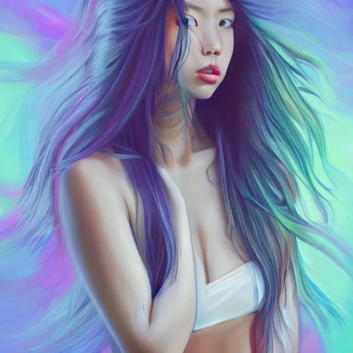 Image similar to a painting of a hard surfaces girl with long hair, digital art by ryuzaburo umehara, featured on pixiv, detailed illustration, digital art, synchromism, flat shading, full body, metaphysical painting, speedpainting, digital painting, holographic undertones, highly saturated colors, 4 k, digital art, concept art, trending on artstation