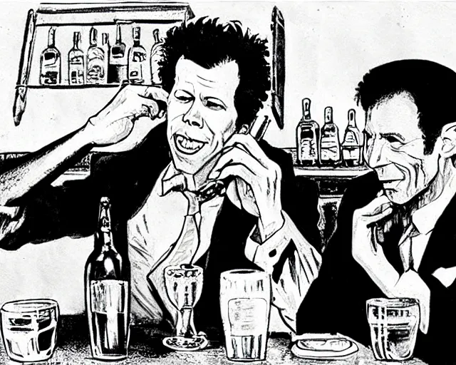 Image similar to Tom Waits and Roberto Benigni in a pub by Will Eisner