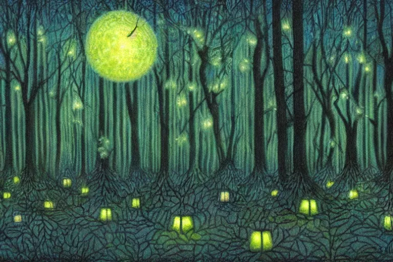 Prompt: forest at night with floating lights by Kinuko Craft