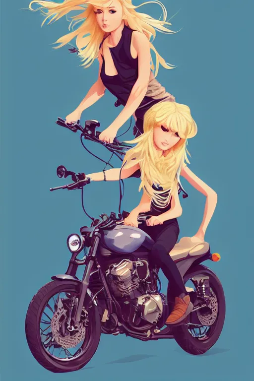 Prompt: a girl on a motorcycle, blond hair, centered, solid bacgkround, median photoshop filter cutout vector behance, hd by artgerm, jesper ejsing, by rhads, makoto shinkai and lois van baarle, ilya kuvshinov, rossdraws, illustration, art by ilya kuvshinov and gustav klimt