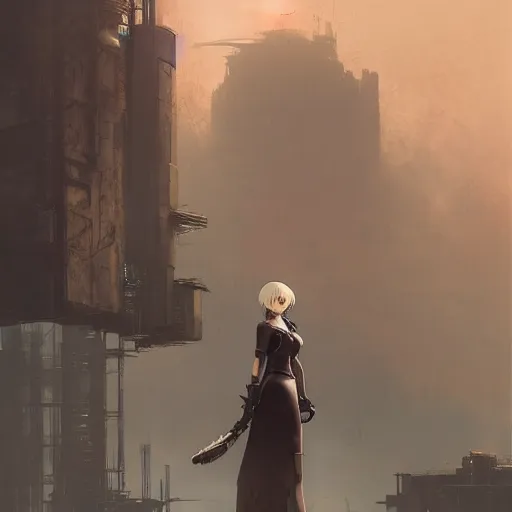 Prompt: a portrait of 2 b nier automata, post apocalyptic earth in the background as seen by greg rutkowski, dark theme, enchanted, warm colors, high quality, waw, trending on artstation