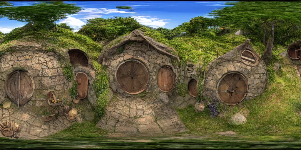 Prompt: seamless equirectangular projection of a 3 6 0 view inside hobbit village