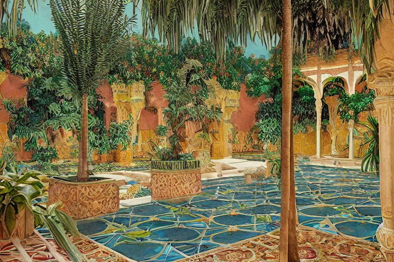 Prompt: painting of a beautiful moorish palace courtyard garden, by alayna danner and maxfield parrish and evelyn de morgan, patterned tilework, palm trees, tiled fountains, extremely detailed, cinematic lighting, smooth sharp focus