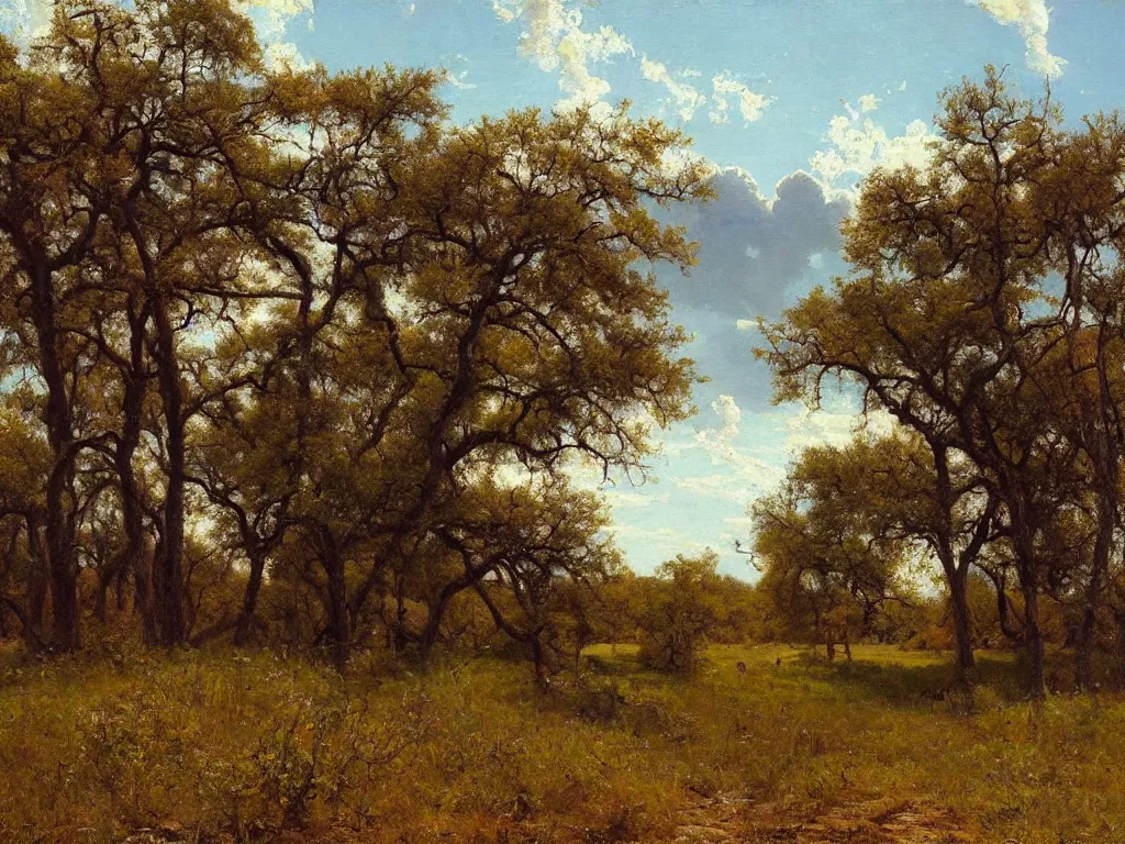 Image similar to a beautiful texas wilderness landscape, springtime morning, by julian onderdonk, oil on canvas, luminism, hyperrealism