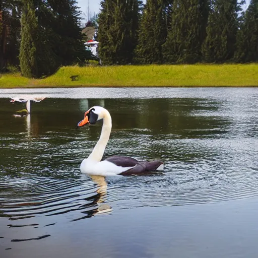 Prompt: girl drowning swan in lake