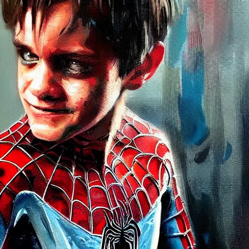 Image similar to young jim carrey as spiderman, realistic, ultrahd, jeremy mann painting